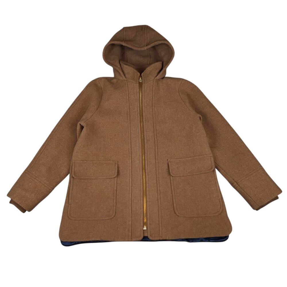 J.Crew Nello Gori Italian Stadium Cloth Wool Swing Coat Hooded Tan Brown Size M
